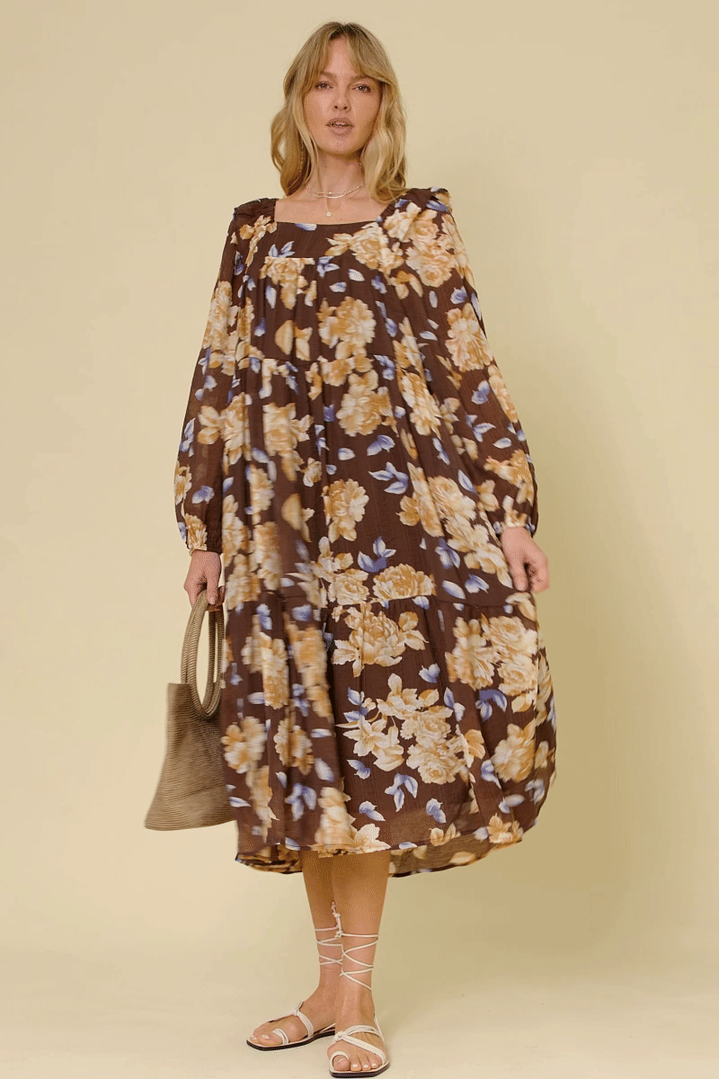 HY6200W Brown Plus Romantic Floral Square Neck Long Sleeve Dress Front