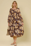 HY6200W Brown Plus Romantic Floral Square Neck Long Sleeve Dress Front