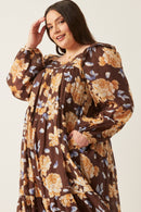 HY6200 Brown Womens Romantic Floral Square Neck Long Sleeve Dress Front