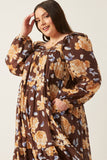 HY6200 Brown Womens Romantic Floral Square Neck Long Sleeve Dress Front