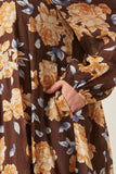 HY6200 Brown Womens Romantic Floral Square Neck Long Sleeve Dress Detail