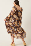 HY6200 Brown Womens Romantic Floral Square Neck Long Sleeve Dress Back