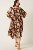 HY6200W Brown Plus Romantic Floral Square Neck Long Sleeve Dress Full Body