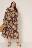 HY6200W Brown Plus Romantic Floral Square Neck Long Sleeve Dress Full Body