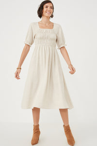 HY6205 Oatmeal Womens Linen Blend Peasant Smocked Square Neck Dress Back