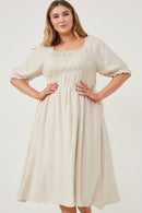 HY6205 Oatmeal Womens Linen Blend Peasant Smocked Square Neck Dress Full Body