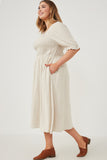 HY6205W Oatmeal Plus Linen Blend Peasant Smocked Square Neck Dress Full Body