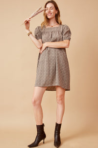 HY6211 Taupe Womens Ditsy Paisley Print Square Neck Puff Sleeve Dress Full Body