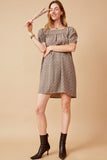 HY6211 Taupe Womens Ditsy Paisley Print Square Neck Puff Sleeve Dress Full Body