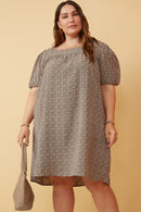 HY6211 Taupe Womens Ditsy Paisley Print Square Neck Puff Sleeve Dress Front