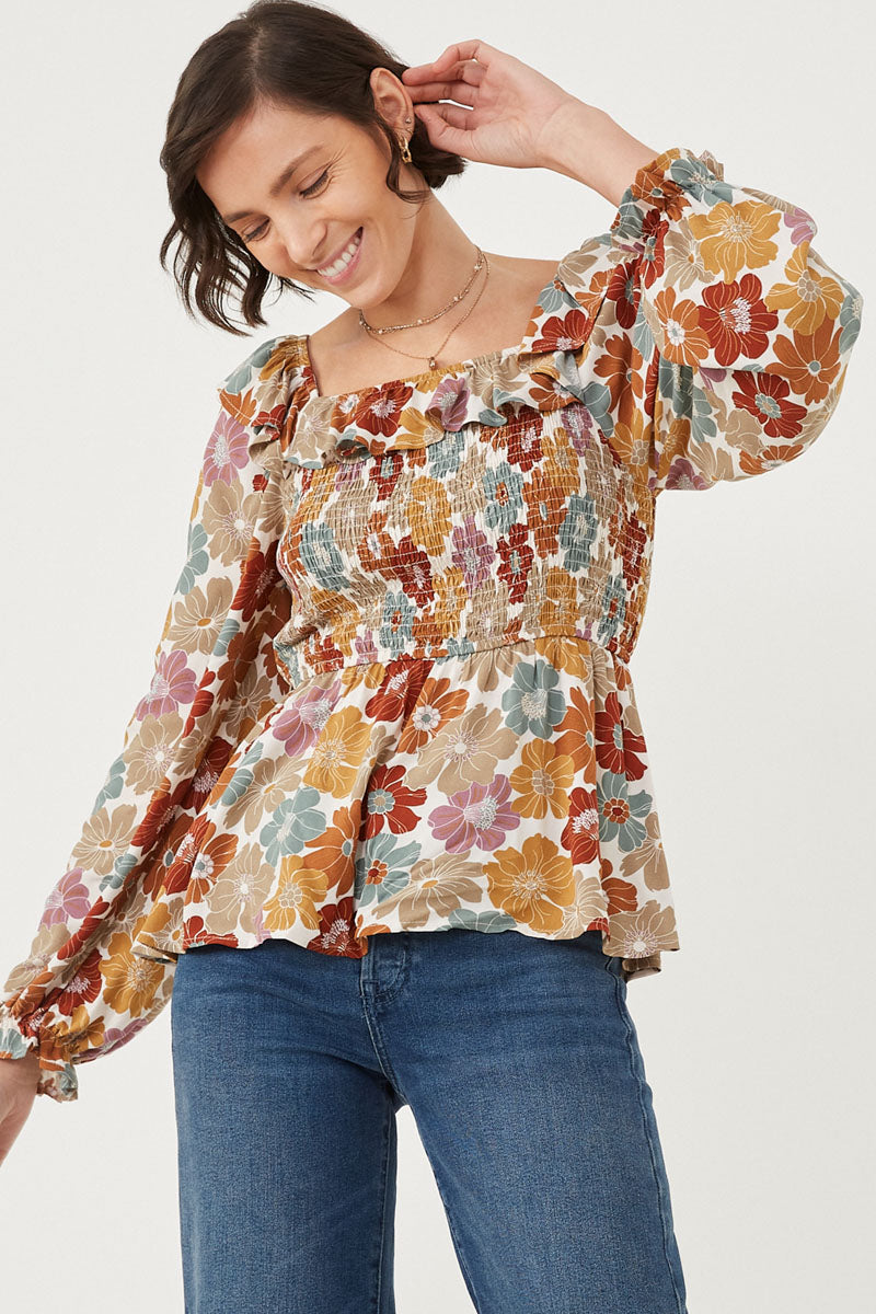 Ruffled Shoulder Smocked Romantic Floral Top