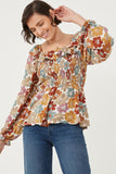 HY6213 Mustard Mix Womens Ruffled Shoulder Smocked Romantic Floral Top Front
