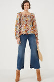 HY6213W Mustard Plus Ruffled Shoulder Smocked Romantic Floral Top Pose