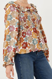 HY6213W Mustard Plus Ruffled Shoulder Smocked Romantic Floral Top Back