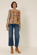 HY6213W Mustard Plus Ruffled Shoulder Smocked Romantic Floral Top Detail