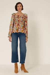 HY6213W Mustard Plus Ruffled Shoulder Smocked Romantic Floral Top Detail