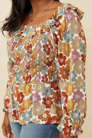 HY6213W Mustard Plus Ruffled Shoulder Smocked Romantic Floral Top Front