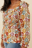 HY6213W Mustard Plus Ruffled Shoulder Smocked Romantic Floral Top Front