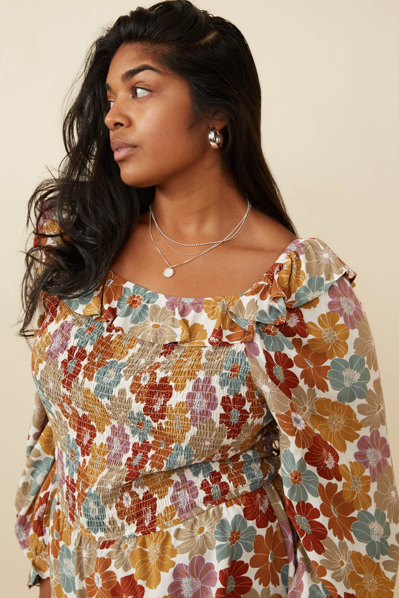 HY6213 Mustard Mix Womens Ruffled Shoulder Smocked Romantic Floral Top Full Body