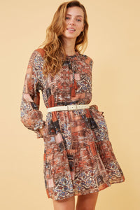 HY6220W Brown Plus Paisley Patch Print Ruffle Neck Chiffon Dress Full Body