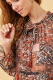 HY6220 Brown Womens Paisley Patch Print Ruffle Neck Chiffon Dress Gif
