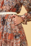 HY6220 Brown Womens Paisley Patch Print Ruffle Neck Chiffon Dress Detail