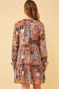 HY6220 Brown Womens Paisley Patch Print Ruffle Neck Chiffon Dress Detail 2