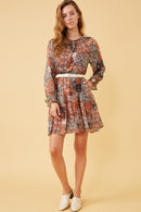 HY6220 Brown Womens Paisley Patch Print Ruffle Neck Chiffon Dress Back