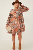 HY6220 Brown Womens Paisley Patch Print Ruffle Neck Chiffon Dress Editorial