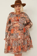 HY6220 Brown Womens Paisley Patch Print Ruffle Neck Chiffon Dress Full Body