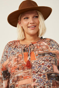 HY6220W Brown Plus Paisley Patch Print Ruffle Neck Chiffon Dress Full Body