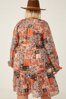 HY6220W Brown Plus Paisley Patch Print Ruffle Neck Chiffon Dress Gif