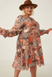 HY6220W Brown Plus Paisley Patch Print Ruffle Neck Chiffon Dress Front