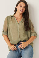 HY6221 Sage Womens Dotted Chiffon Layered Back Buttoned Shirt Detail