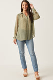 HY6221W Olive Plus Dotted Chiffon Layered Back Buttoned Shirt Front