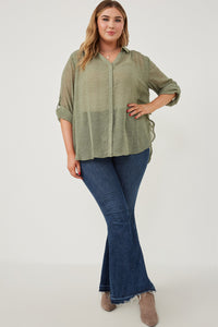 HY6221W Olive Plus Dotted Chiffon Layered Back Buttoned Shirt Gif