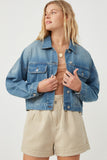 HY6241 Mid Denim Womens Cargo Pocket Washed Denim Jacket Gif