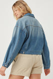 HY6241 Mid Denim Womens Cargo Pocket Washed Denim Jacket Side