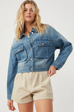 HY6241 Mid Denim Womens Cargo Pocket Washed Denim Jacket Back