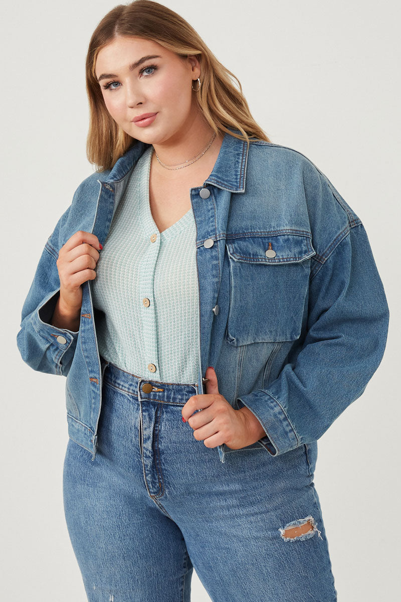 HY6241W Denim Plus Cargo Pocket Washed Denim Jacket Full Body