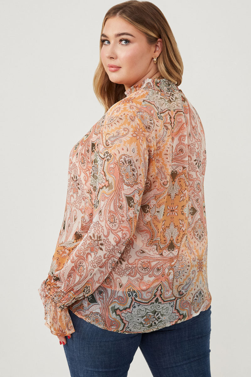 HY6243W Ivory Plus Paisley Print Smock Detail Chiffon Top Full Body