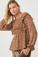 HY6257 Mocha Plus Mixed Botanical Print Ruffle Detail Peplum Top Front