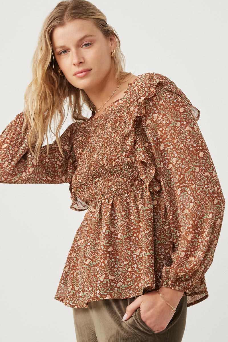 Mixed Botanical Print Ruffle Detail Peplum Top