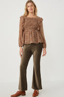 HY6257 Mocha Womens Mixed Botanical Print Ruffle Detail Peplum Top Full Body