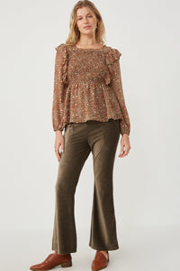 HY6257 Mocha Womens Mixed Botanical Print Ruffle Detail Peplum Top Full Body