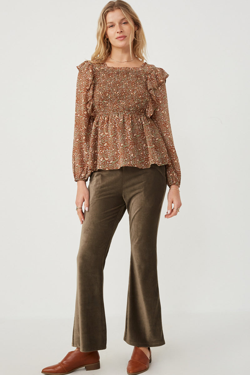 HY6257 Mocha Womens Mixed Botanical Print Ruffle Detail Peplum Top Full Body