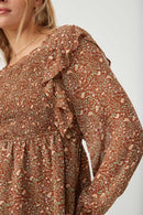 HY6257 Mocha Womens Mixed Botanical Print Ruffle Detail Peplum Top Detail