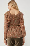 HY6257 Mocha Womens Mixed Botanical Print Ruffle Detail Peplum Top Back