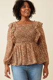 Mixed Botanical Print Ruffle Detail Peplum Top