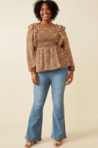 HY6257 Mocha Plus Mixed Botanical Print Ruffle Detail Peplum Top Gif